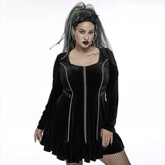 Gothic 3D Chains  Long Sleeve Velvet Drawstring Dress