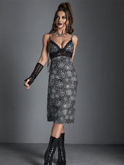 Spider Web Print Lace Trim Hollow Out V Neck Chest Wrapping Bodycon Dress