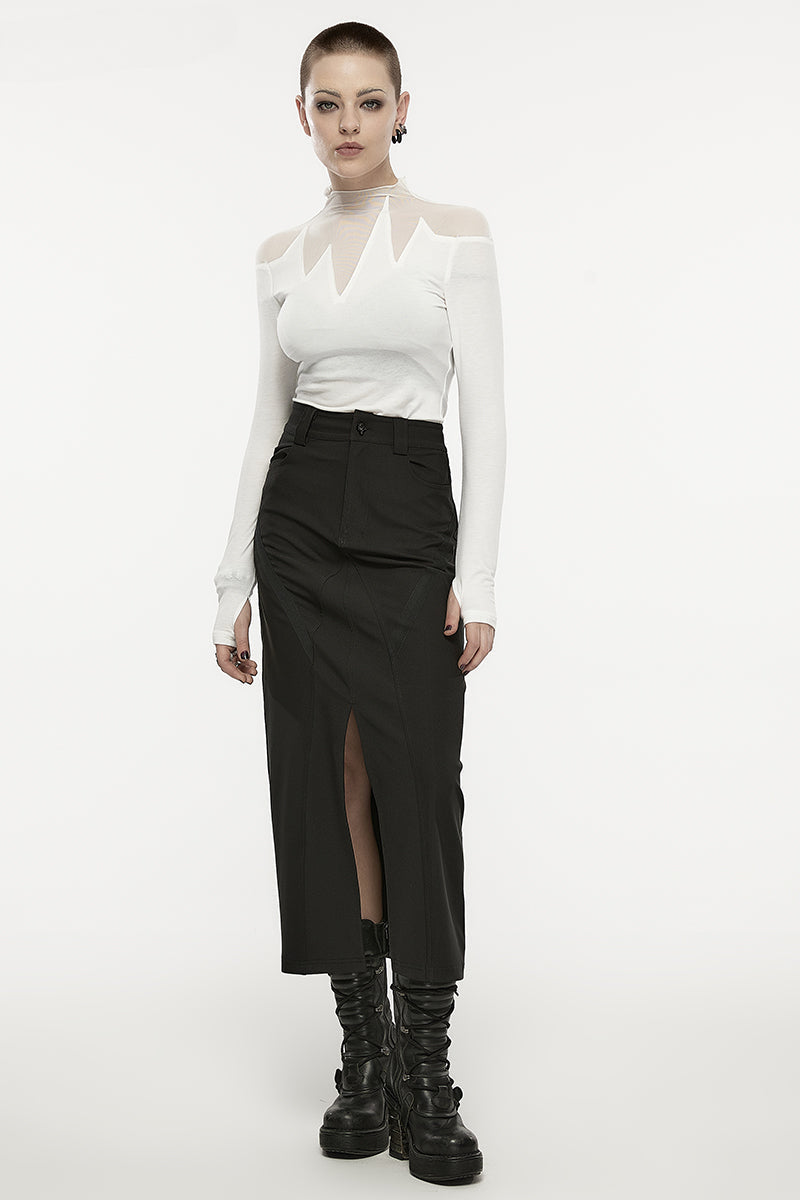 WomenDaily V-shaped Front Slit A-line Mid-length Metal Engraved Snap Button Dark Skirt