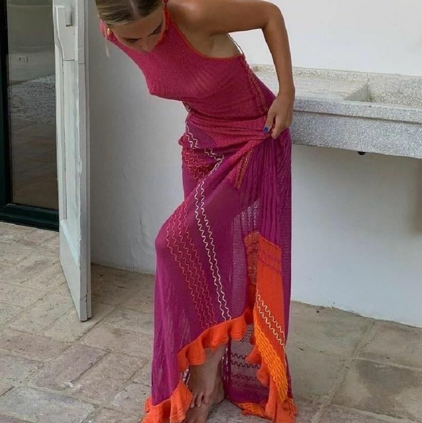 Knitted Hollow Out Tassel Sexy Ruched Halter Boho Dress