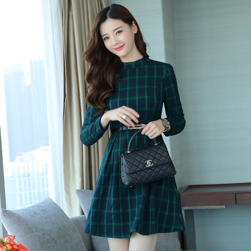 dress autumn outfit plaid print long sleeve o neck belted outfit