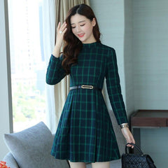 dress autumn outfit plaid print long sleeve o neck belted outfit