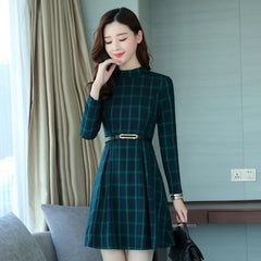 dress autumn outfit plaid print long sleeve o neck belted outfit