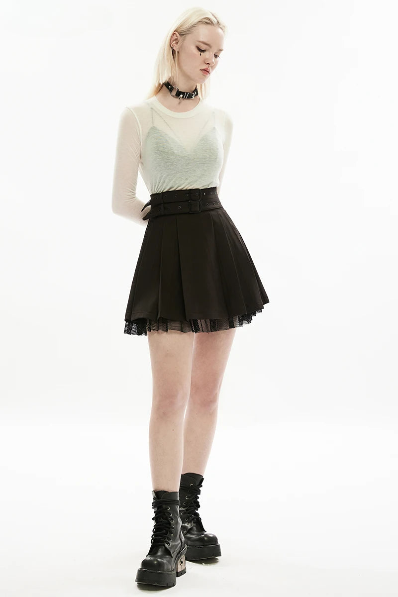 WomenDark Daily Elastic Waist Pleated Gauze Style Personality with Detachable Waistband Skirt