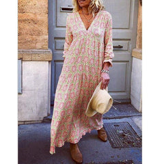 Fashion Boho Deep V Neck Floral Long Maxi Dress