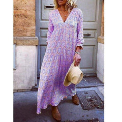 Fashion Boho Deep V Neck Floral Long Maxi Dress
