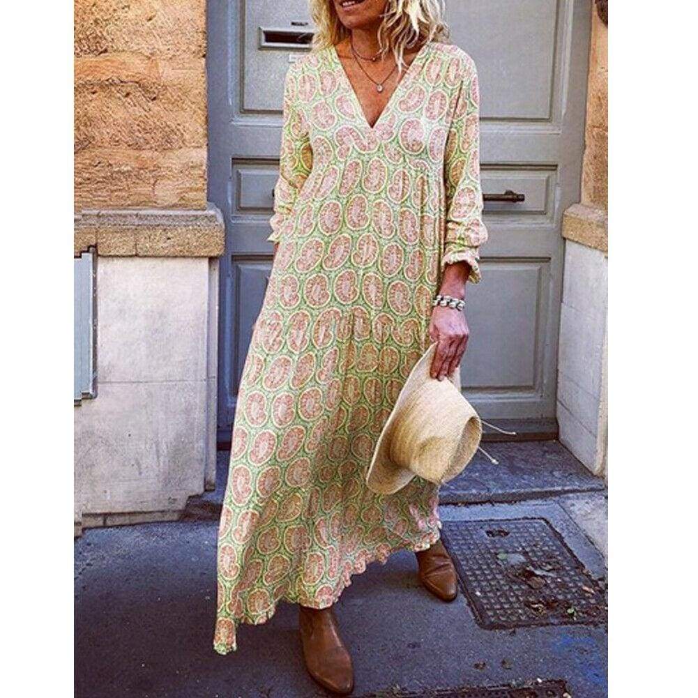 Fashion Boho Deep V Neck Floral Long Maxi Dress