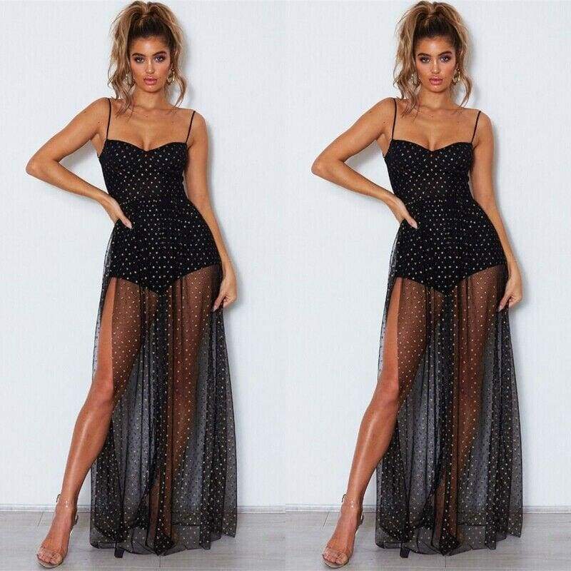 Fashion Sexy Polka Dots Slit Ladies See-Through Long Dress
