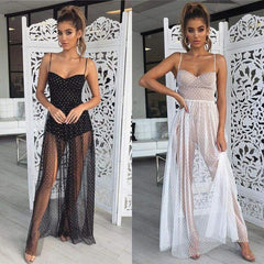 Fashion Sexy Polka Dots Slit Ladies See-Through Long Dress