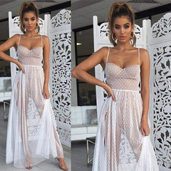 Fashion Sexy Polka Dots Slit Ladies See-Through Long Dress