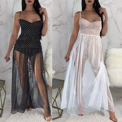 Fashion Sexy Polka Dots Slit Ladies See-Through Long Dress