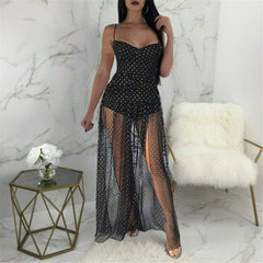 Fashion Sexy Polka Dots Slit Ladies See-Through Long Dress