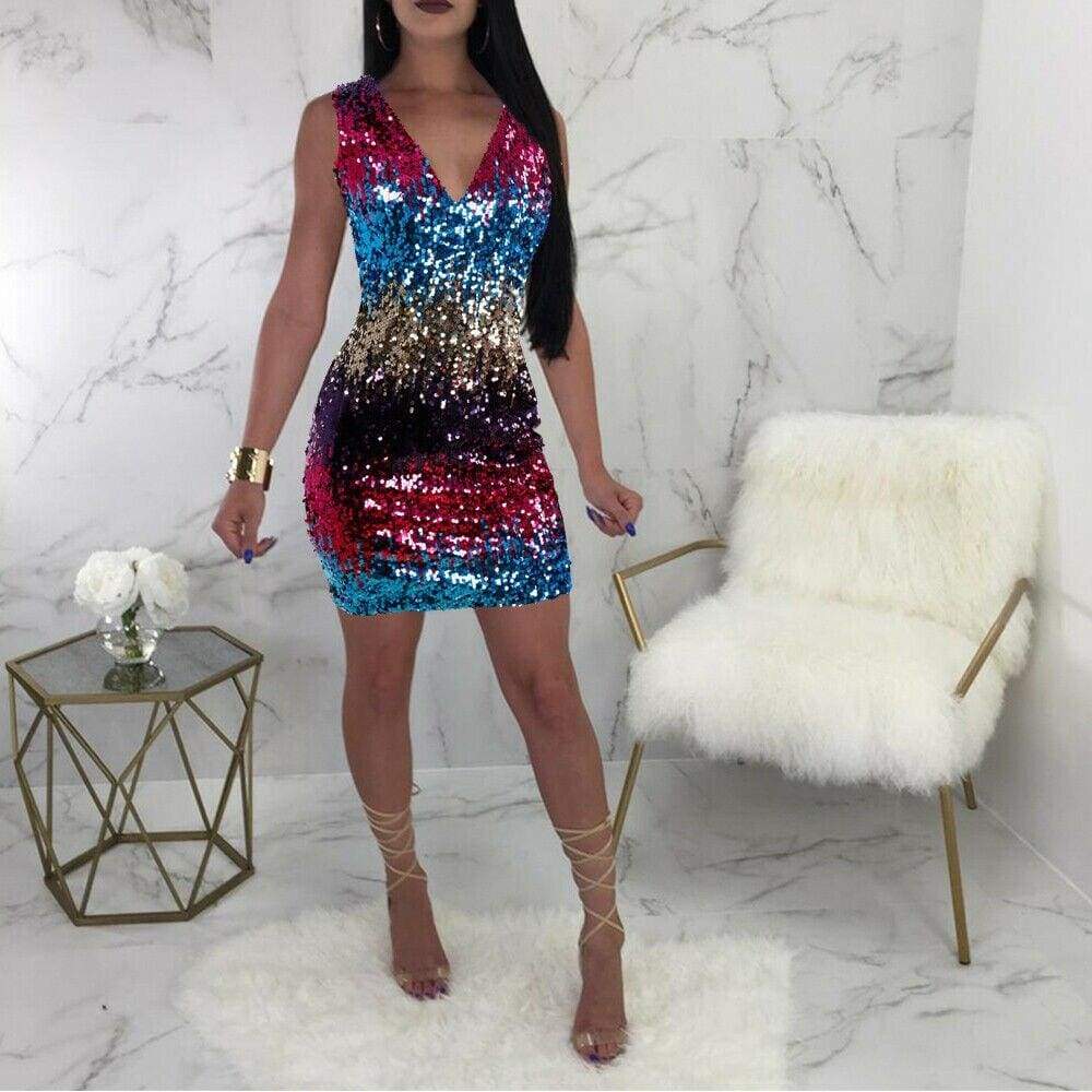 Fashion Summer Sleeveless V-Neck Bodycon Sequin Party Short Mini Dress Ladies High Waist New Sexy Party Dress