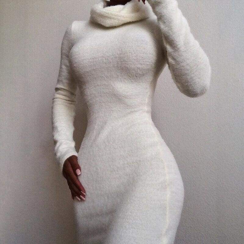 Fashion Winter Warm Long Sleeve Sweater Fleece Warm Basic Short Mini Dress Ladies Casual High Collar Slim Fit Dress