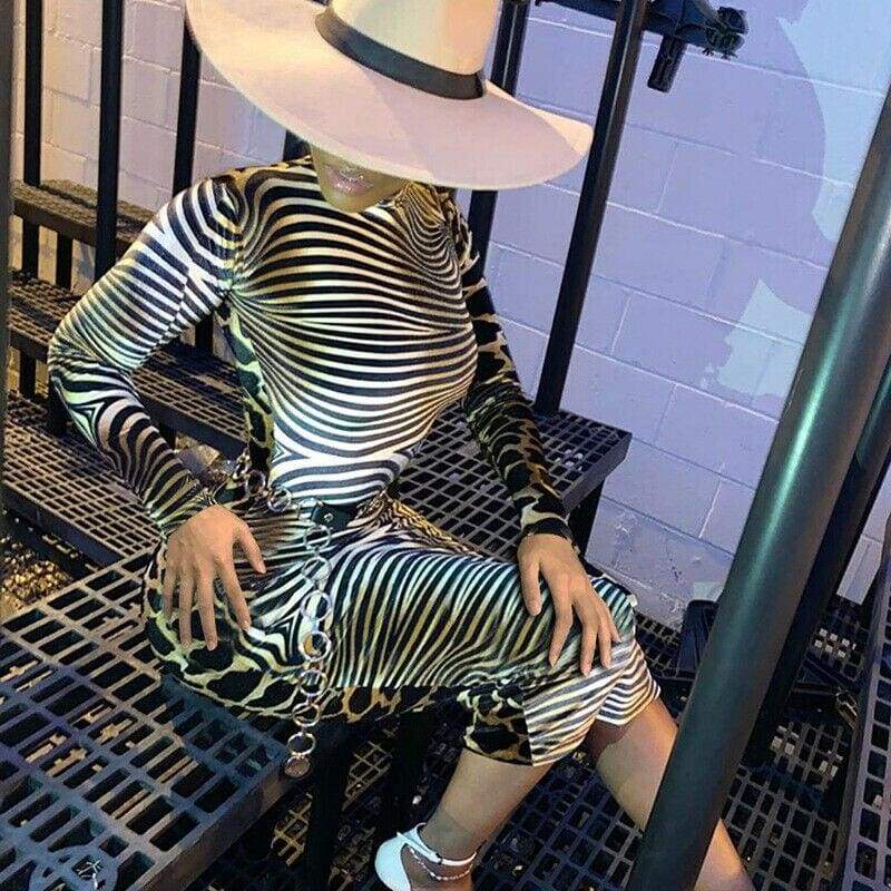 Fashion WomenLong Sleeve Bodycon Dress Sexy Ladies High Neck Party Slim Fitness Leopard Printed Dresses