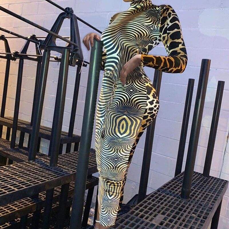 Fashion WomenLong Sleeve Bodycon Dress Sexy Ladies High Neck Party Slim Fitness Leopard Printed Dresses