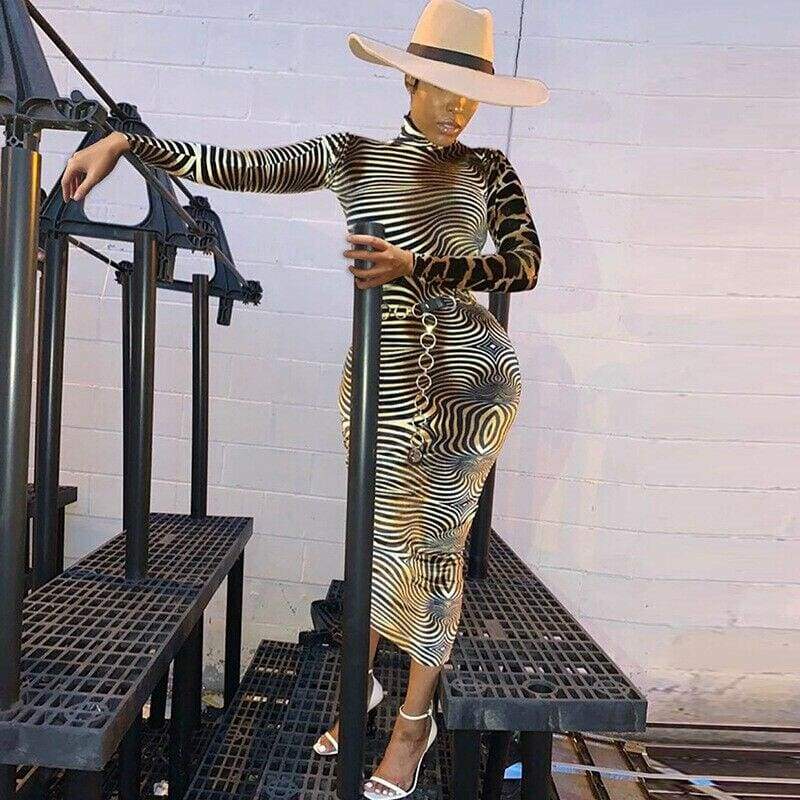 Fashion WomenLong Sleeve Bodycon Dress Sexy Ladies High Neck Party Slim Fitness Leopard Printed Dresses