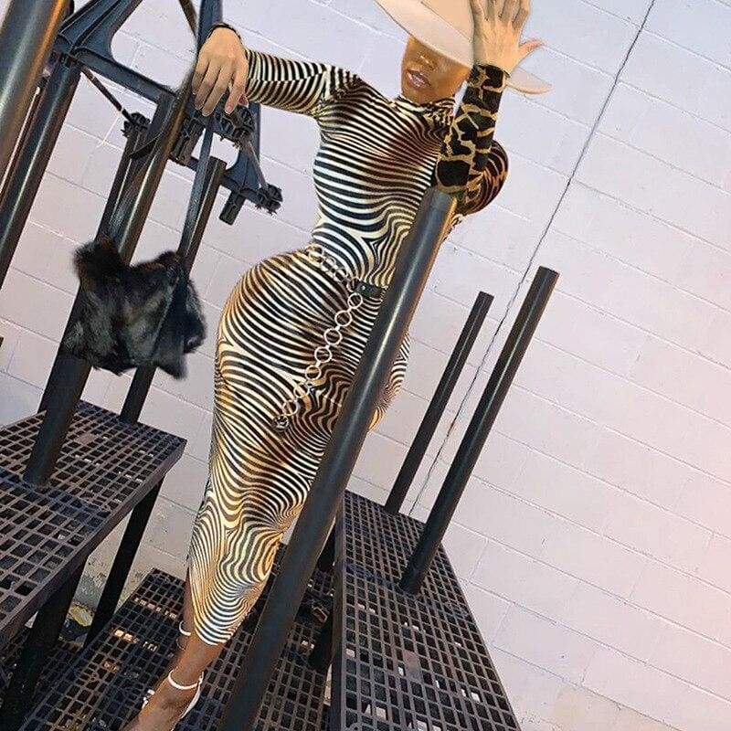 Fashion WomenLong Sleeve Bodycon Dress Sexy Ladies High Neck Party Slim Fitness Leopard Printed Dresses
