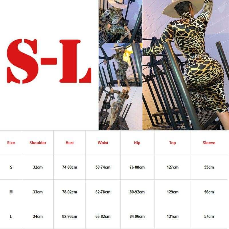 Fashion WomenLong Sleeve Bodycon Dress Sexy Ladies High Neck Party Slim Fitness Leopard Printed Dresses