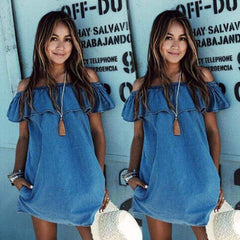 Fashon WomenCasual Summer Beach Dress Denim Off Shoulder Ruffles Blue A-Line Mini Dress Outfit Party Sunsuit