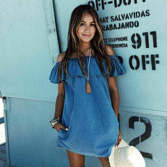 Fashon WomenCasual Summer Beach Dress Denim Off Shoulder Ruffles Blue A-Line Mini Dress Outfit Party Sunsuit