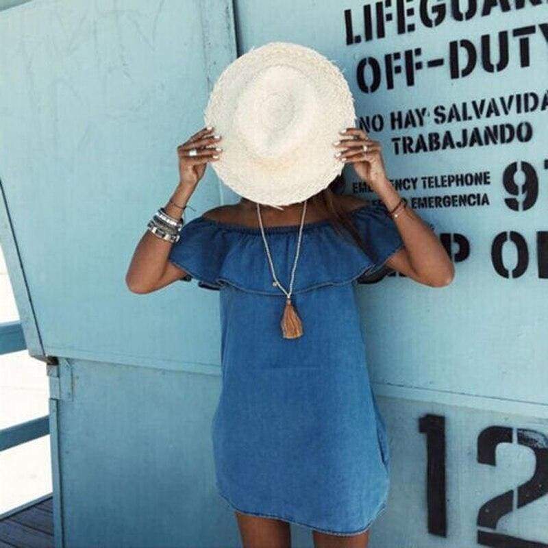 Fashon WomenCasual Summer Beach Dress Denim Off Shoulder Ruffles Blue A-Line Mini Dress Outfit Party Sunsuit