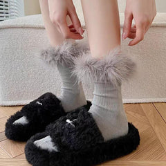 Faux Fur Crew Socks - Black
