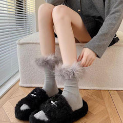 Faux Fur Crew Socks - Camel