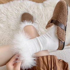 Faux Fur Crew Socks - Grey