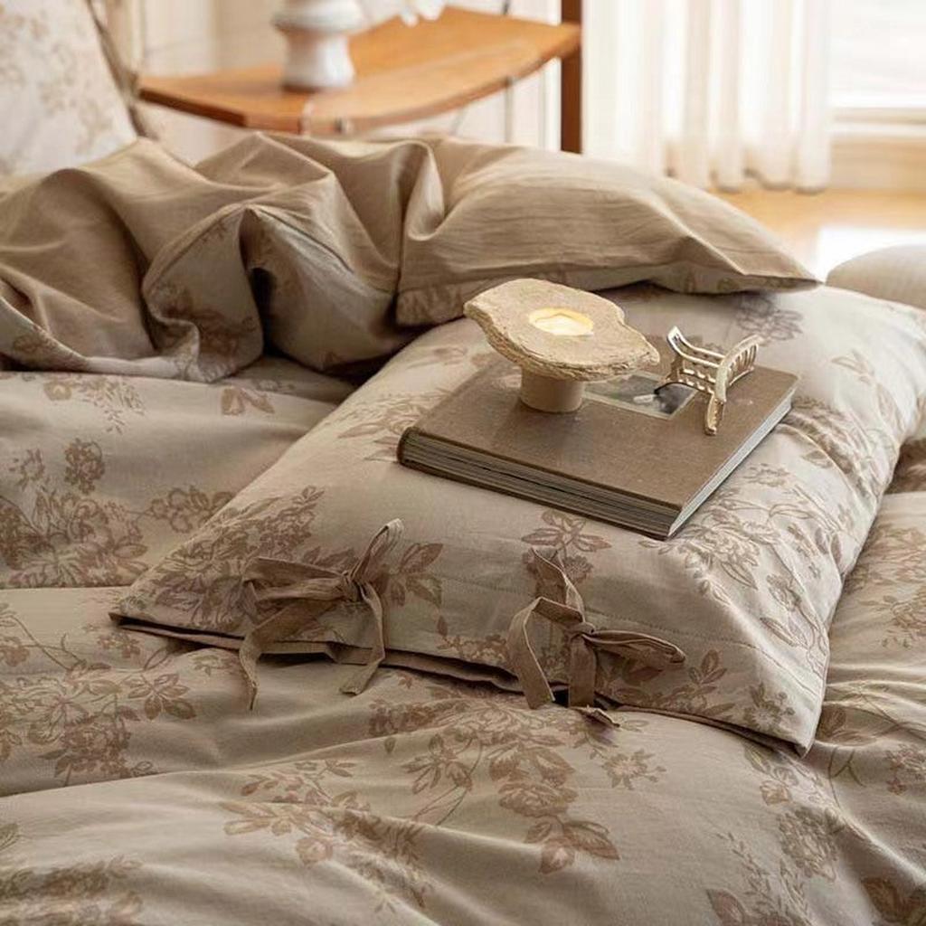 Floral Jacquard Bedding Set with Bow Tie - Dusty Blue
