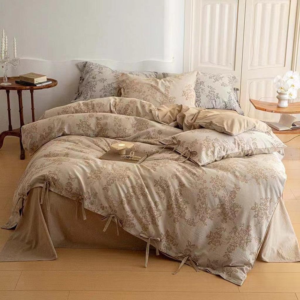Floral Jacquard Bedding Set with Bow Tie - Dusty Blue