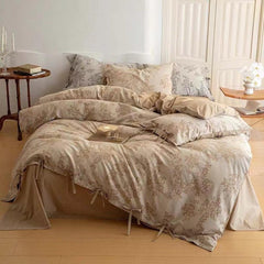 Floral Jacquard Bedding Set with Bow Tie - Dusty Blue