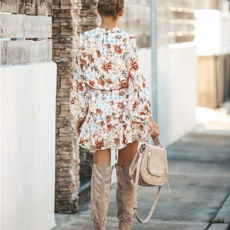 Frill Ruffle Boho Dress Floral Print Mini Dresses V-Neck Long Sleeve Beach dress 2019 WomenClothing Female Vestidos