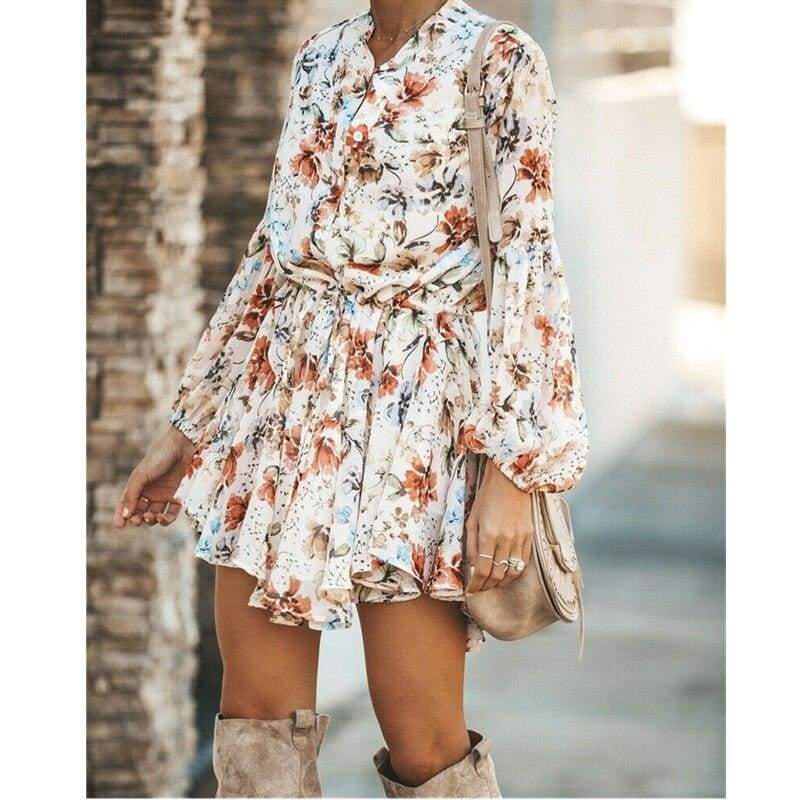 Frill Ruffle Boho Dress Floral Print Mini Dresses V-Neck Long Sleeve Beach dress 2019 WomenClothing Female Vestidos
