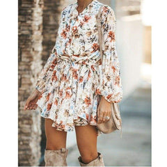 Frill Ruffle Boho Dress Floral Print Mini Dresses V-Neck Long Sleeve Beach dress 2019 WomenClothing Female Vestidos