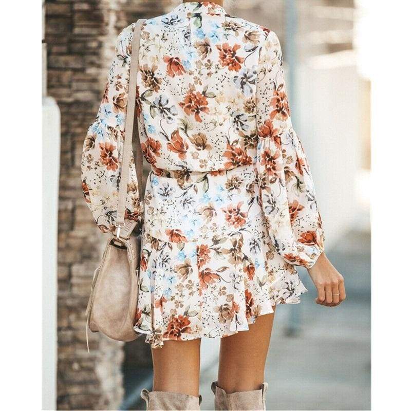 Frill Ruffle Boho Dress Floral Print Mini Dresses V-Neck Long Sleeve Beach dress 2019 WomenClothing Female Vestidos