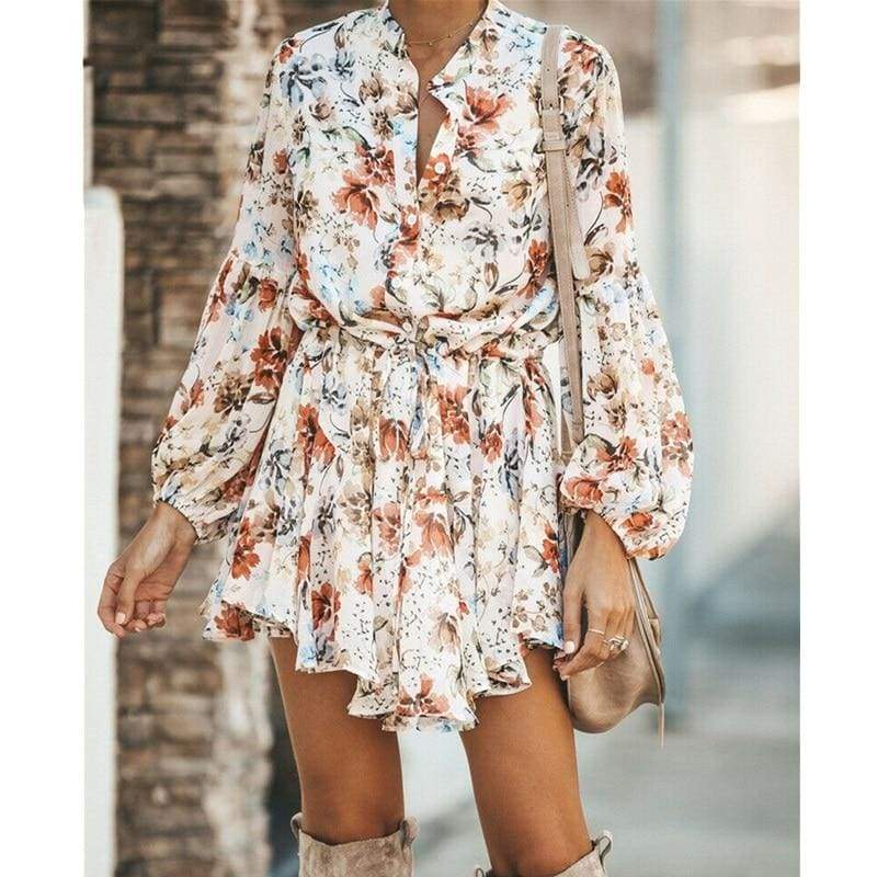 Frill Ruffle Boho Dress Floral Print Mini Dresses V-Neck Long Sleeve Beach dress 2019 WomenClothing Female Vestidos