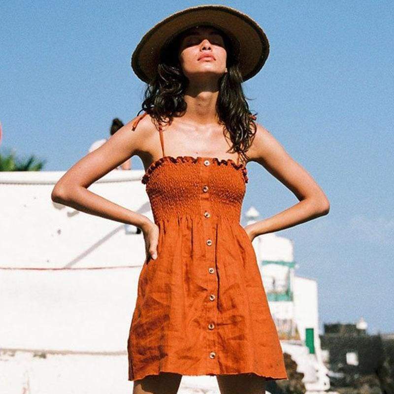 Front-breasted White Elastic Waist Sling Strap Dress
