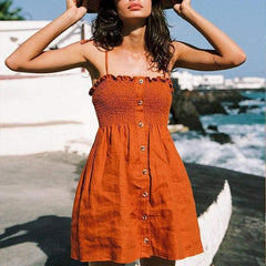 Front-breasted White Elastic Waist Sling Strap Dress