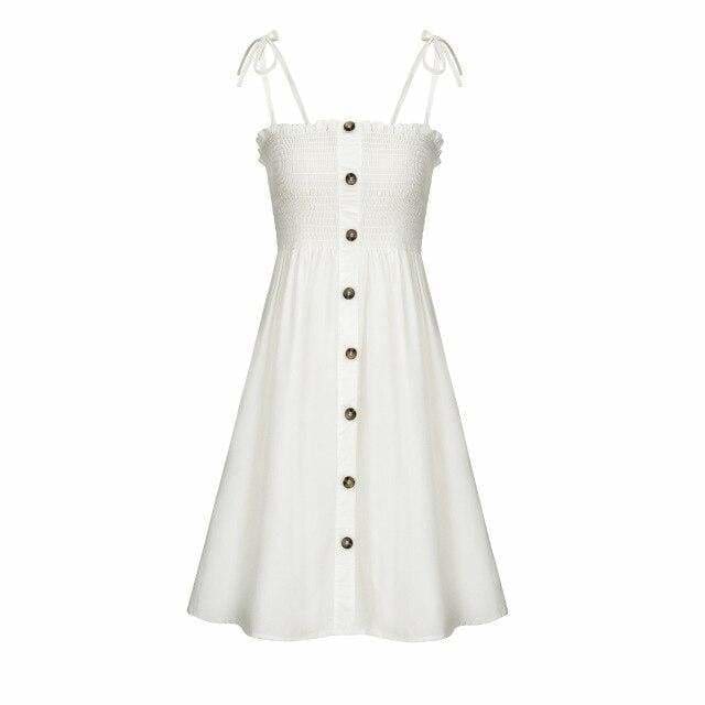 Front-breasted White Elastic Waist Sling Strap Dress