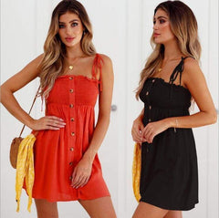 Front-breasted White Elastic Waist Sling Strap Dress