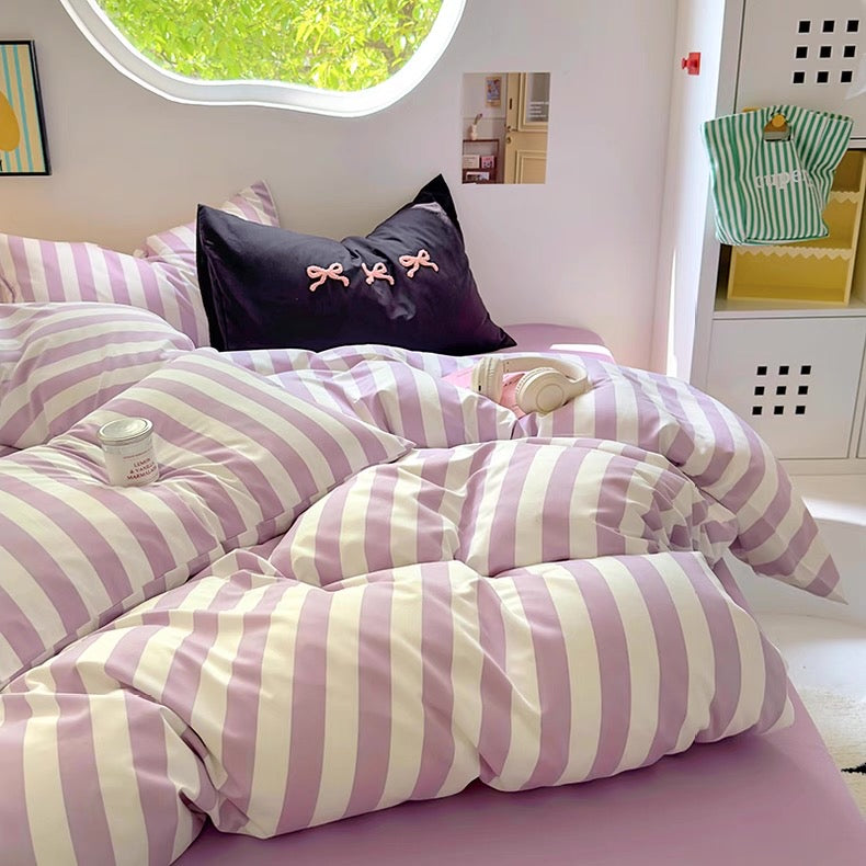 Beige Striped Cotton Bedding Set