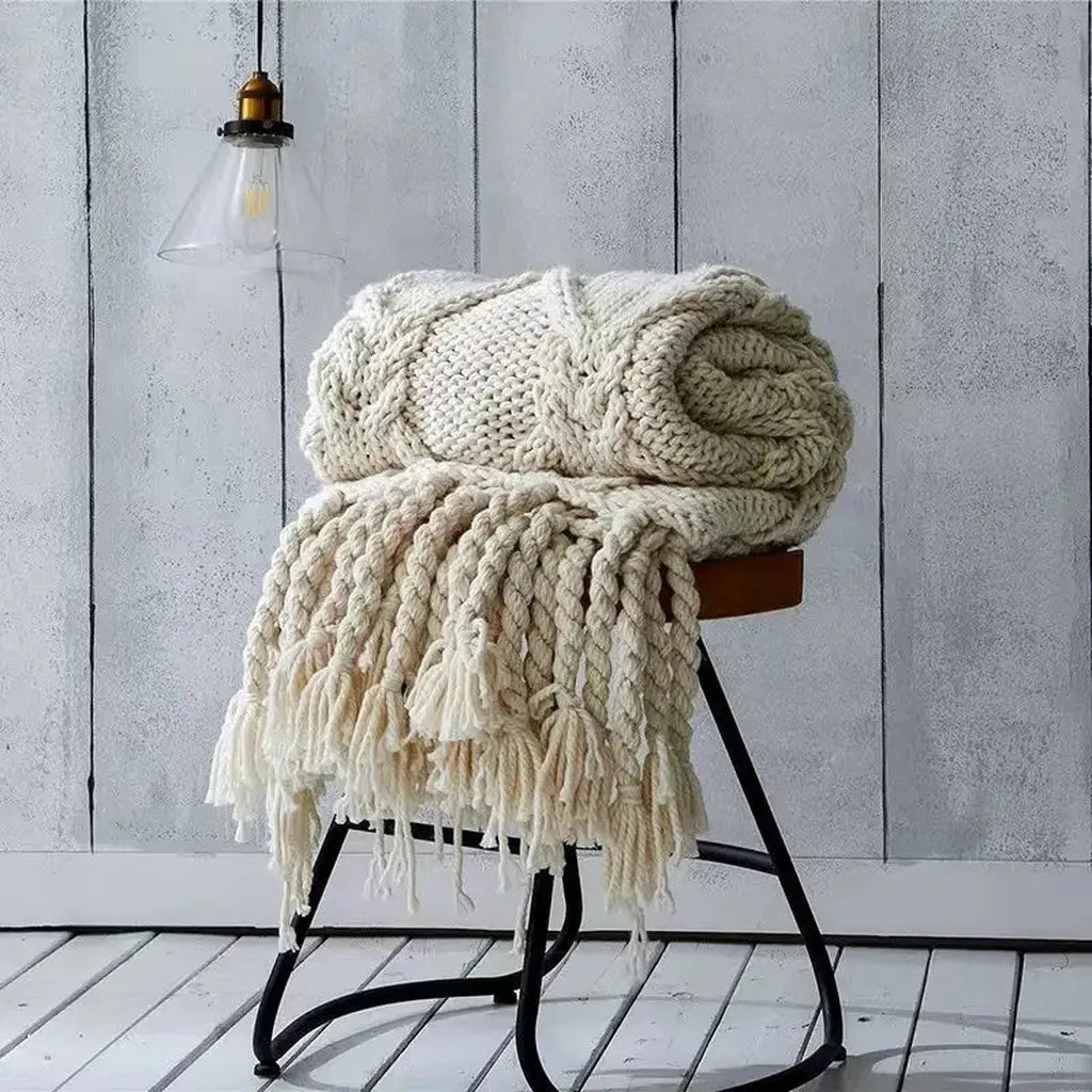 Handmade Chunky Knitted Blanket with Tassels
