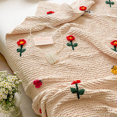 Chunky Knit Blanket With Tufted Flower