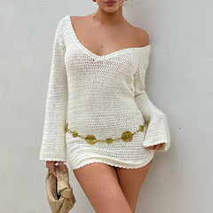 Beach Holiday Knitted Vintage Long Sleeve Backless Tie Up Crochet Evening Party Mini Dress
