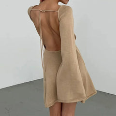 Knitted Casual Solid Color Backless Long Sleeve Party Streetwear Mini Dress