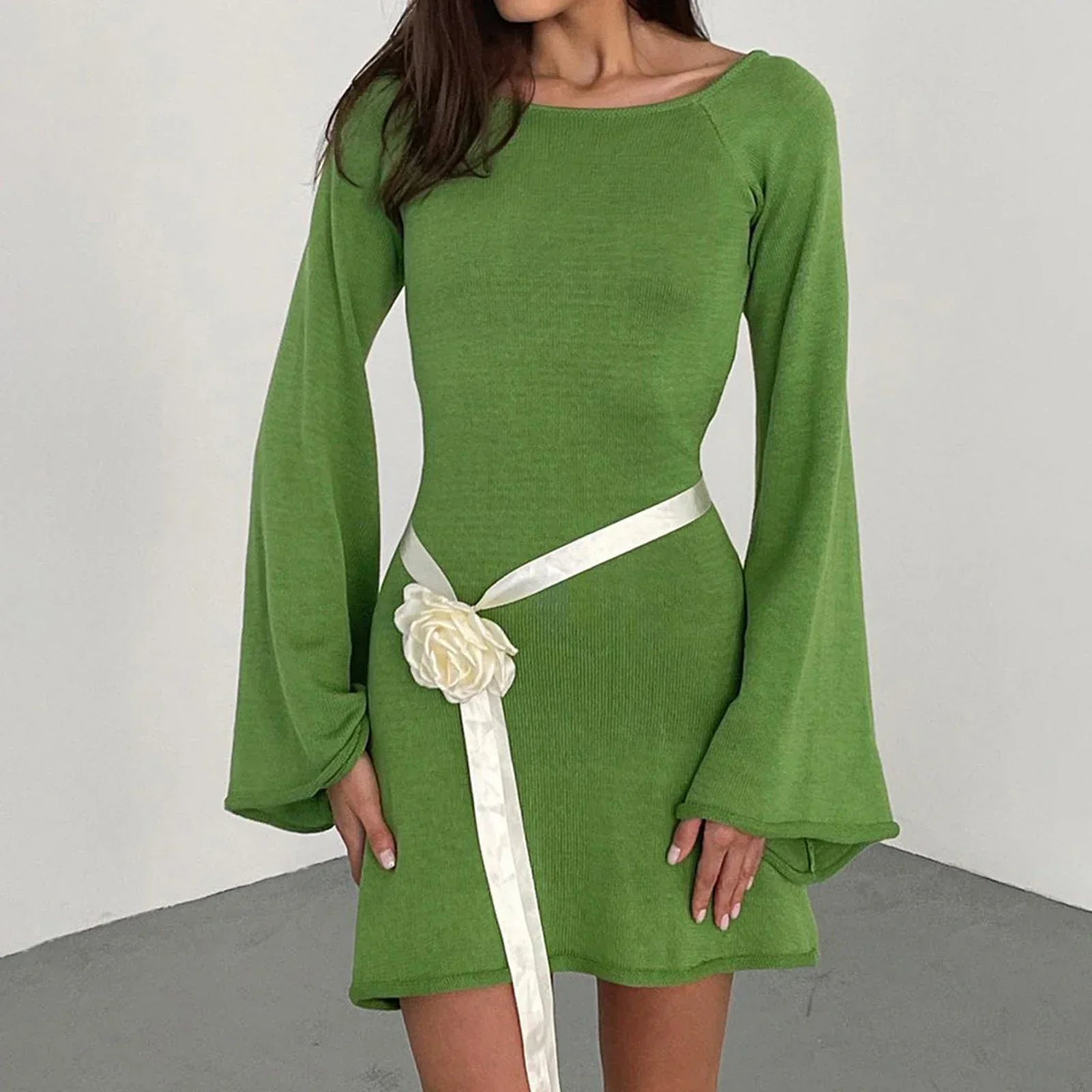 Knitted Casual Solid Color Backless Long Sleeve Party Streetwear Mini Dress