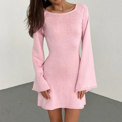 Knitted Casual Solid Color Backless Long Sleeve Party Streetwear Mini Dress