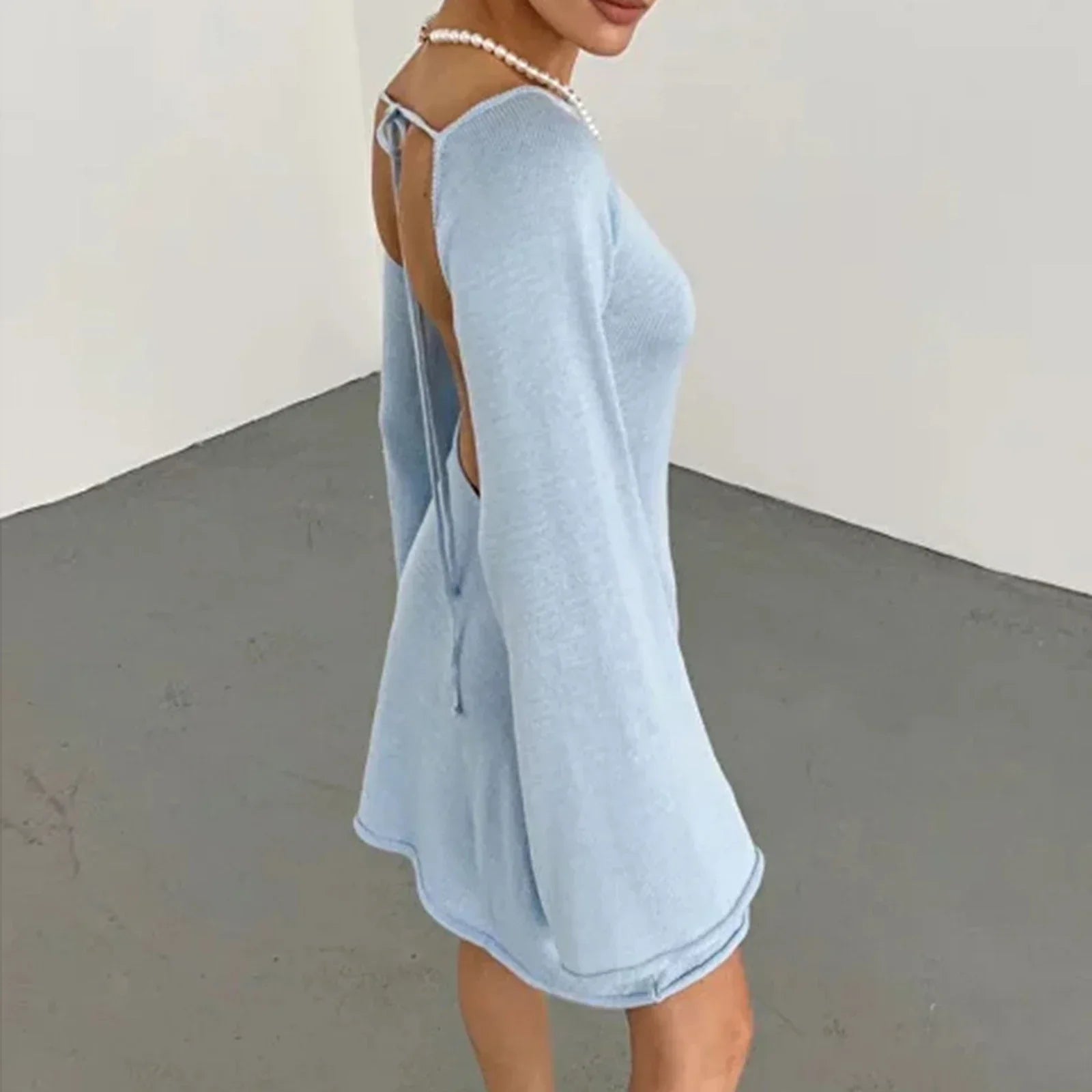 Knitted Casual Solid Color Backless Long Sleeve Party Streetwear Mini Dress