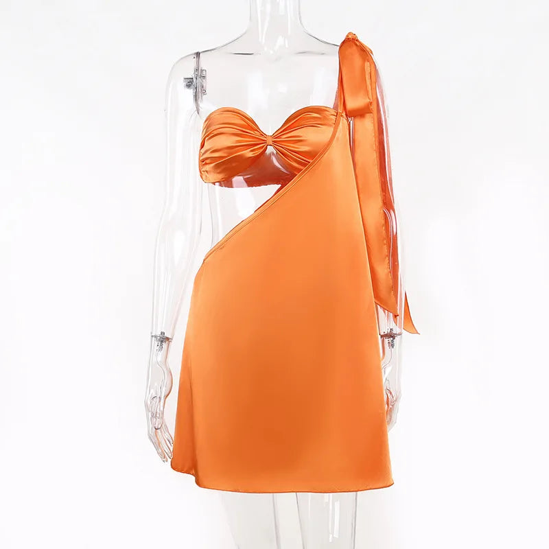 Summer Casual Solid Color One Shoulder Wrap Chest Hollow-Out Fashion Temperament Cut Out Dress